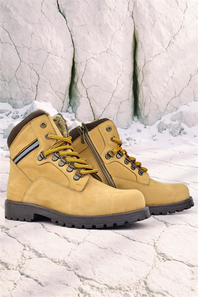 Rakerplus Hakiki Deri Sarı Kahve Bağcıklı Fermuarlı Çocuk Bot