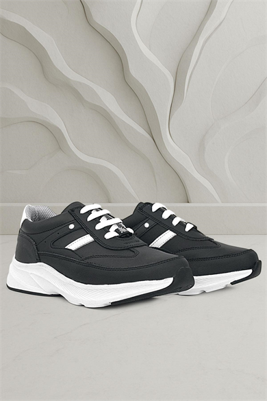 Rakerplus Hakiki Deri Siyah Beyaz Metal Detaylı Bağcıklı Kız Çocuk Spor Ayakkabı