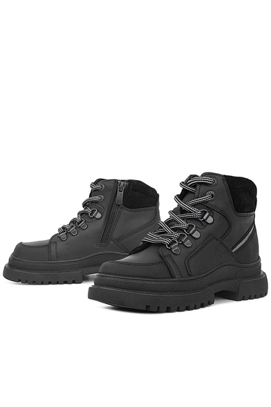 Rakerplus Hakiki Deri Siyah Cilt Fermuarlı Bağcıklı Çocuk Bot
