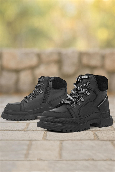 Rakerplus Hakiki Deri Siyah Cilt Fermuarlı Bağcıklı Çocuk Bot