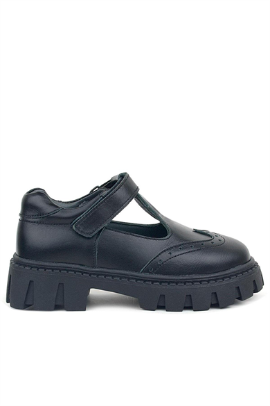 Rakerplus Hakiki Deri Siyah Cırtlı Kız Çocuk Okul Ayakkabı