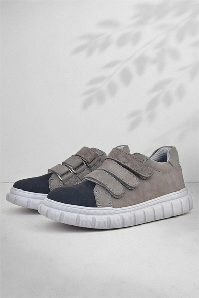 Rakerplus Hakiki Deri Siyah Gri Cırtlı Çocuk Günlük Spor Okul Ayakkabı