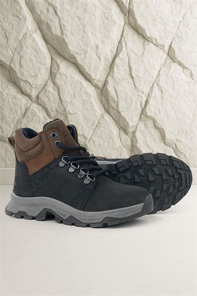 Rakerplus Hakiki Deri Siyah Kahverengi Fermuarlı Trekking Çocuk Bot