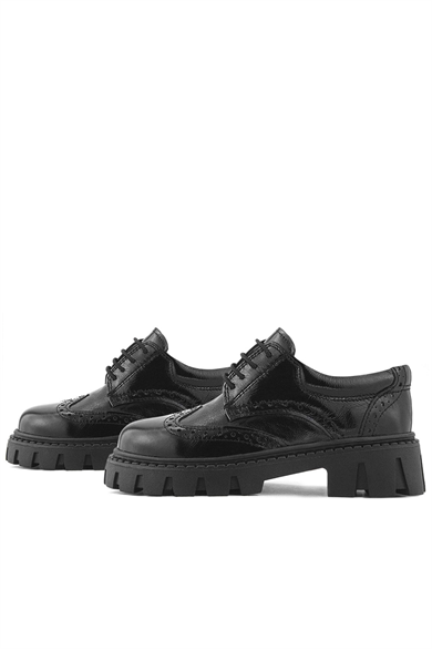 Rakerplus Hakiki Deri Siyah Kırışık Rugan Oxford Çocuk Günlük Ayakkabı