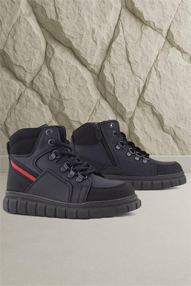 Rakerplus Hakiki Deri Siyah Kırmızı Fermuarlı Erkek Çocuk Bot