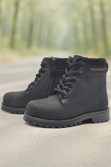 Rakerplus Hakiki Deri Siyah Nubuk Fermuarlı Kışlık Çocuk Bot