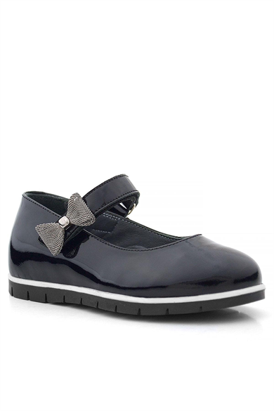 Rakerplus Hakiki Deri Siyah Rugan Kurdele Detaylı Kız Çocuk Babet