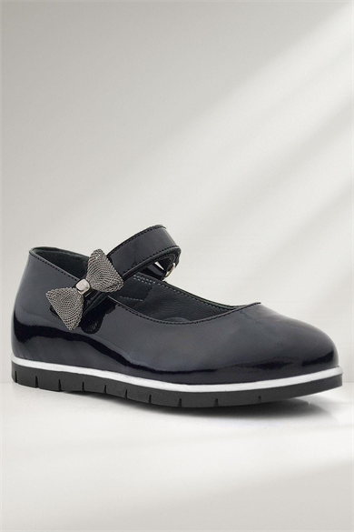 Rakerplus Hakiki Deri Siyah Rugan Kurdele Detaylı Kız Çocuk Babet