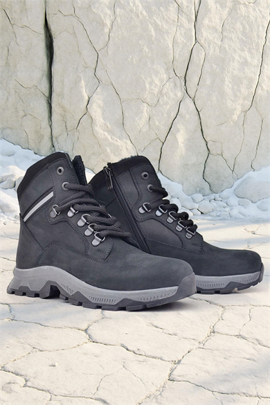 Rakerplus Hakiki Deri Siyah Süet Bağcıklı Fermuarlı Trekking Çocuk Bot