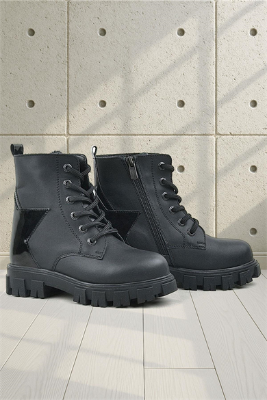 Rakerplus Hakiki Deri Siyah Yıldız Detaylı Kız Çocuk Bot