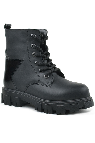 Rakerplus Hakiki Deri Siyah Yıldız Detaylı Kız Çocuk Bot