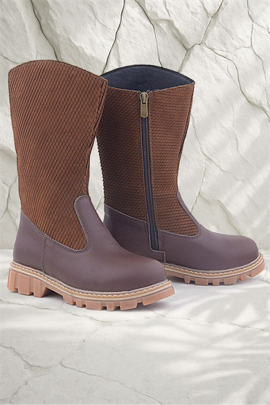 Rakerplus Hakiki Deri Taba Kahve Fermuarlı Uzun Kız Çocuk Çizme