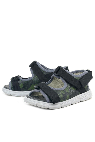 Rakerplus Hakiki Deri Yeşil Kamuflaj Desenli Siyah Çocuk Sandalet