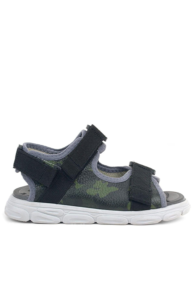 Rakerplus Hakiki Deri Yeşil Kamuflaj Desenli Siyah Çocuk Sandalet
