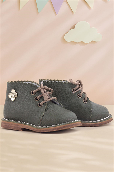 Rakerplus Handmade Hakiki Deri Haki Yeşil Çiçekli Bağcıklı Bebek Bot