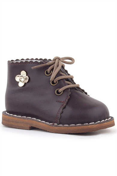 Rakerplus Handmade Hakiki Deri Kahverengi Çiçek Detaylı Bağcıklı Bebek Bot