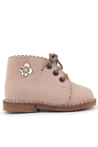 Rakerplus Handmade Hakiki Deri Pembe Çiçek Detaylı Bağcıklı Bebek Bot