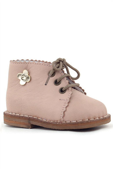 Rakerplus Handmade Hakiki Deri Pembe Çiçek Detaylı Bağcıklı Bebek Bot