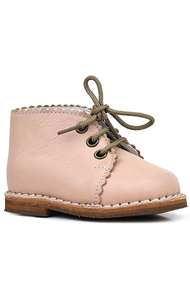 Rakerplus Handmade Hakiki Deri Pudra Pembe Bağcıklı Kız Bebek Bot