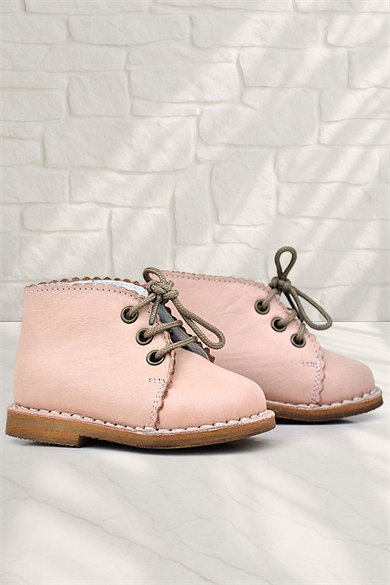 Rakerplus Handmade Hakiki Deri Pudra Pembe Bağcıklı Kız Bebek Bot