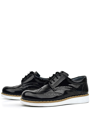 Rakerplus Hidra Hakiki Deri Siyah Rugan Bağcıklı Erkek Çocuk Klasik Ayakkabı