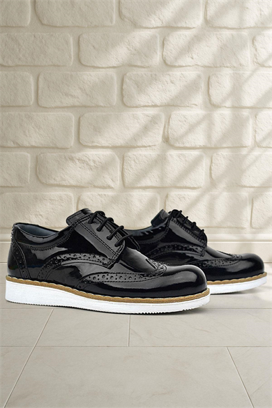 Rakerplus Hidra Hakiki Deri Siyah Rugan Bağcıklı Erkek Çocuk Klasik Ayakkabı