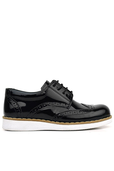 Rakerplus Hidra Hakiki Deri Siyah Rugan Bağcıklı Erkek Çocuk Klasik Ayakkabı