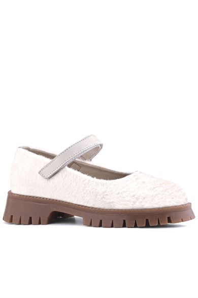 Rakerplus Krem Cırtlı Kalın Tabanlı Kız Çocuk Peluş Babet Ayakkabısı