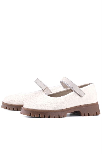 Rakerplus Krem Cırtlı Kalın Tabanlı Kız Çocuk Peluş Babet Ayakkabısı