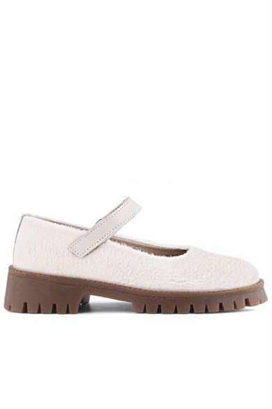 Rakerplus Krem Cırtlı Kalın Tabanlı Kız Çocuk Peluş Babet Ayakkabısı