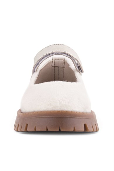 Rakerplus Krem Cırtlı Kalın Tabanlı Kız Çocuk Peluş Babet Ayakkabısı