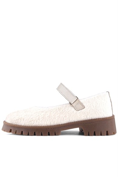 Rakerplus Krem Cırtlı Kalın Tabanlı Kız Çocuk Peluş Babet Ayakkabısı