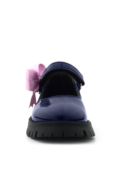 Rakerplus Lacivert Rugan Cırtlı Kalın Tabanlı Kurdeleli Kız Çocuk Okul Ayakkabısı