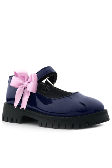 Rakerplus Lacivert Rugan Cırtlı Kalın Tabanlı Kurdeleli Kız Çocuk Okul Ayakkabısı