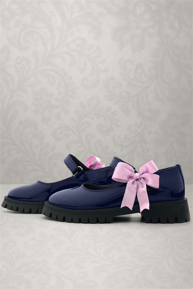 Rakerplus Lacivert Rugan Cırtlı Kalın Tabanlı Kurdeleli Kız Çocuk Okul Ayakkabısı