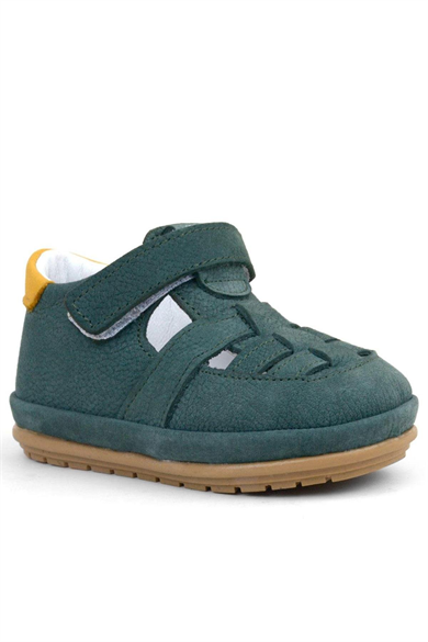 Rakerplus Muppet Hakiki Deri Yeşil Sarı Cırtlı Anatomik Bebek Sandalet Ayakkabı