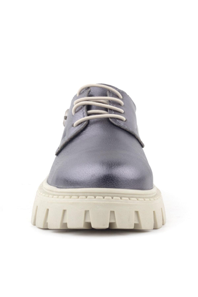 Rakerplus Platin Hakiki Deri Bağcıklı Yıldızlı Kız Çocuk Oxford Okul Ayakkabı