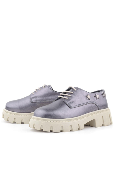 Rakerplus Platin Hakiki Deri Bağcıklı Yıldızlı Kız Çocuk Oxford Okul Ayakkabı