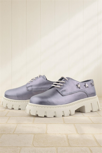 Rakerplus Platin Hakiki Deri Bağcıklı Yıldızlı Kız Çocuk Oxford Okul Ayakkabı