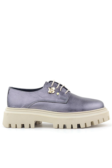 Rakerplus Platin Hakiki Deri Çiçek Detaylı Bağcıklı Oxford Günlük Ayakkabı