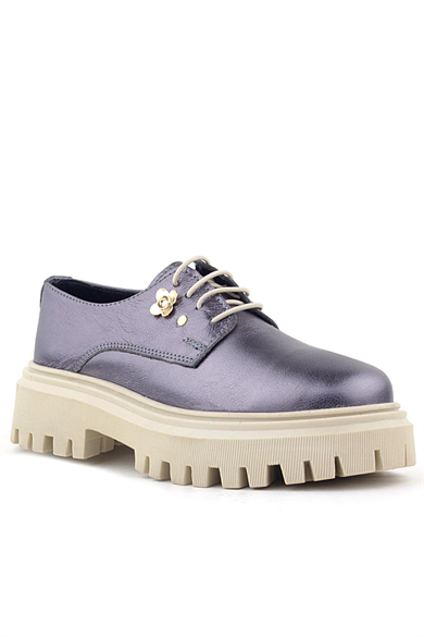 Rakerplus Platin Hakiki Deri Çiçek Detaylı Bağcıklı Oxford Günlük Ayakkabı