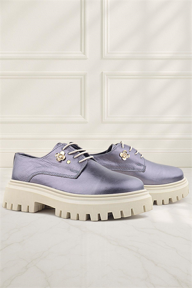 Rakerplus Platin Hakiki Deri Çiçek Detaylı Bağcıklı Oxford Günlük Ayakkabı