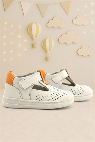 Rakerplus Shaun Hakiki Deri Bej Turuncu Cırtlı Anatomik Bebek Sandalet