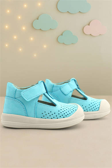 Rakerplus Shaun Hakiki Deri Mavi Beyaz Cırtlı Anatomik Bebek Sandalet