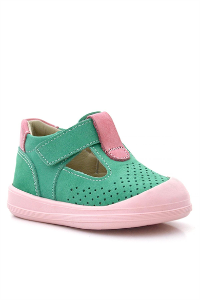 Rakerplus Shaun Hakiki Deri Su Yeşili Pembe Cırtlı Anatomik Kız Bebek Sandalet