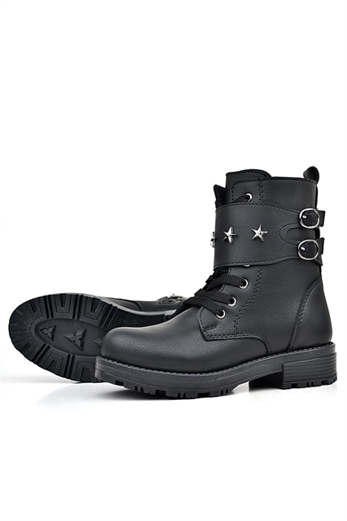 Rakerplus Siyah Bağcıklı Fermuarlı Yıldız Detaylı Kız Çocuk Bot