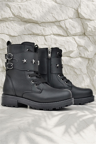 Rakerplus Siyah Bağcıklı Fermuarlı Yıldız Detaylı Kız Çocuk Bot