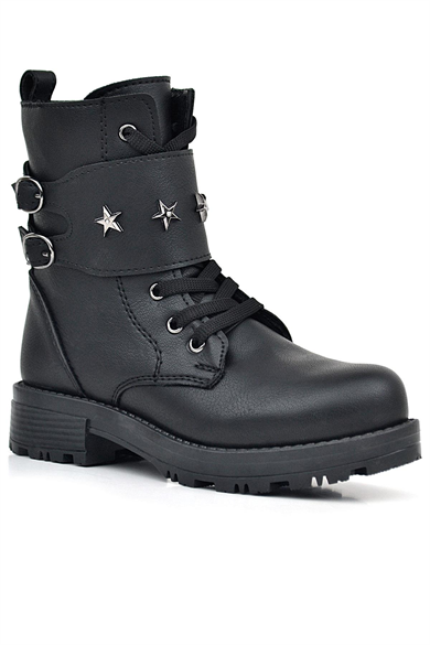 Rakerplus Siyah Bağcıklı Fermuarlı Yıldız Detaylı Kız Çocuk Bot