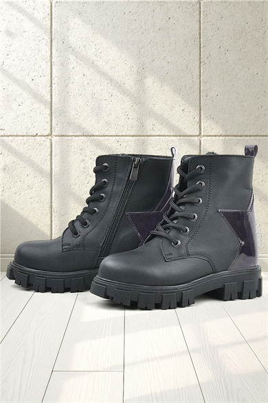 Rakerplus Siyah Hakiki Deri Platin Yıldız Detaylı Kız Çocuk Bot