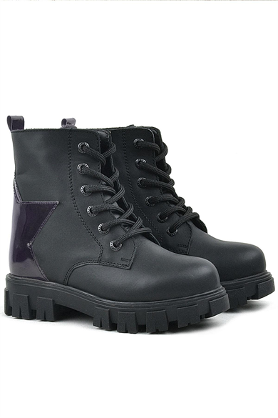 Rakerplus Siyah Hakiki Deri Platin Yıldız Detaylı Kız Çocuk Bot